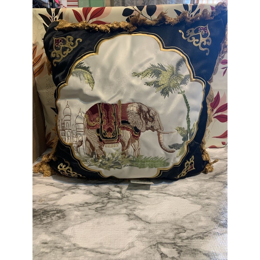 Fringe & Embroidered Elephant India Background Pillow BEAUTIFUL 16x16